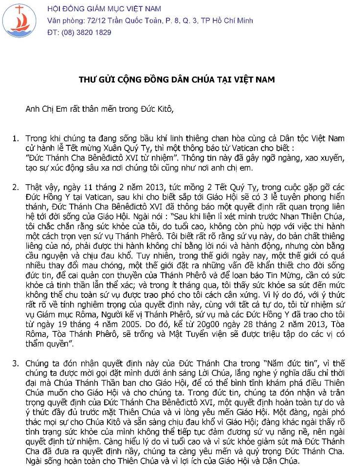 Thư Hội đồng Giám mục Việt Nam gửi Cộng đồng Dân Chúa về quyết định từ nhiệm của Đức Thánh Cha Bênêđictô XVI