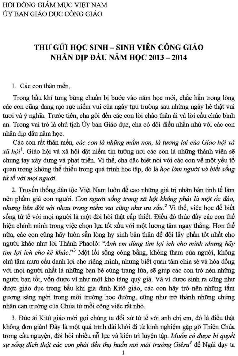 Uỷ ban Giáo dục/HĐGMVN: Thư gửi học sinh, sinh viên Công giáo nhân dịp đầu năm học 2013 – 2014