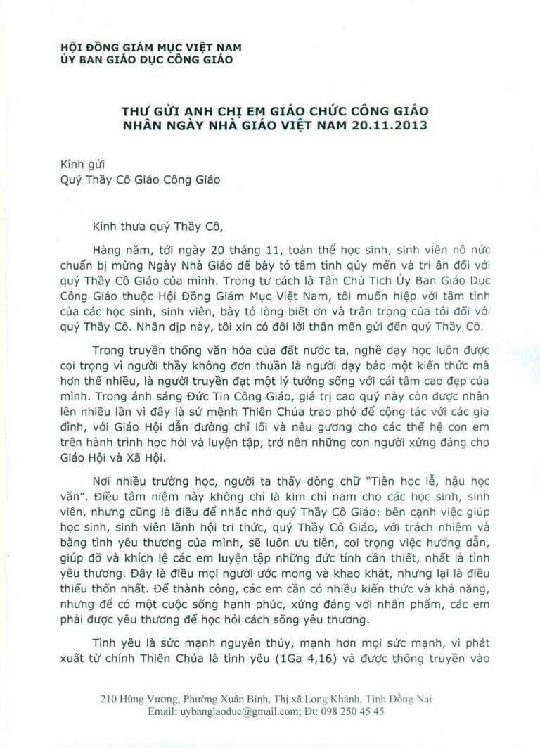Thư gửi Anh Chị Em giáo chức Công giáo nhân Ngày Nhà Giáo Việt Nam 20-11-2013
