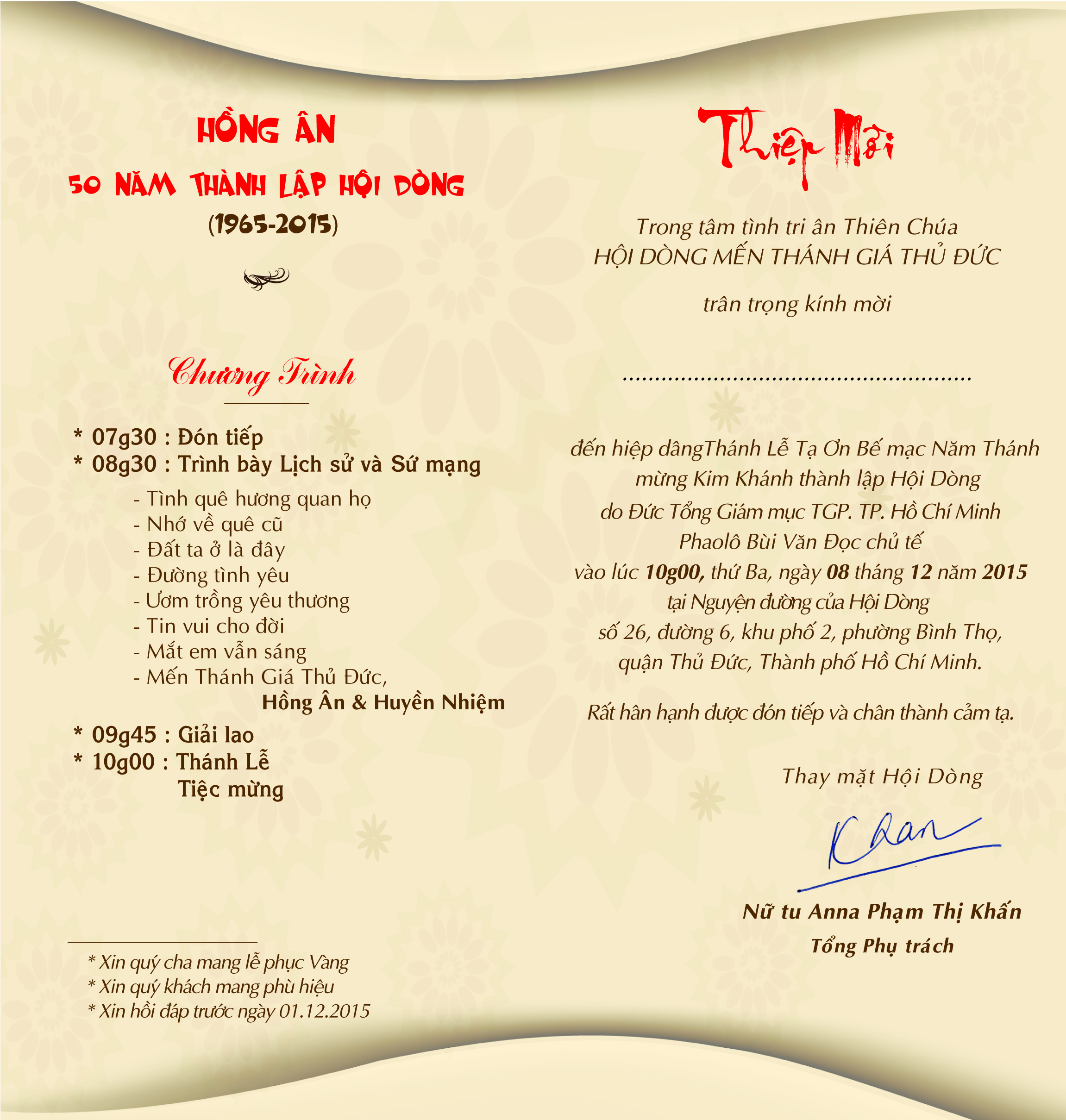 Thiệp mời: Thánh Lễ Tạ Ơn Bế Mạc Năm Thánh Hội Dòng