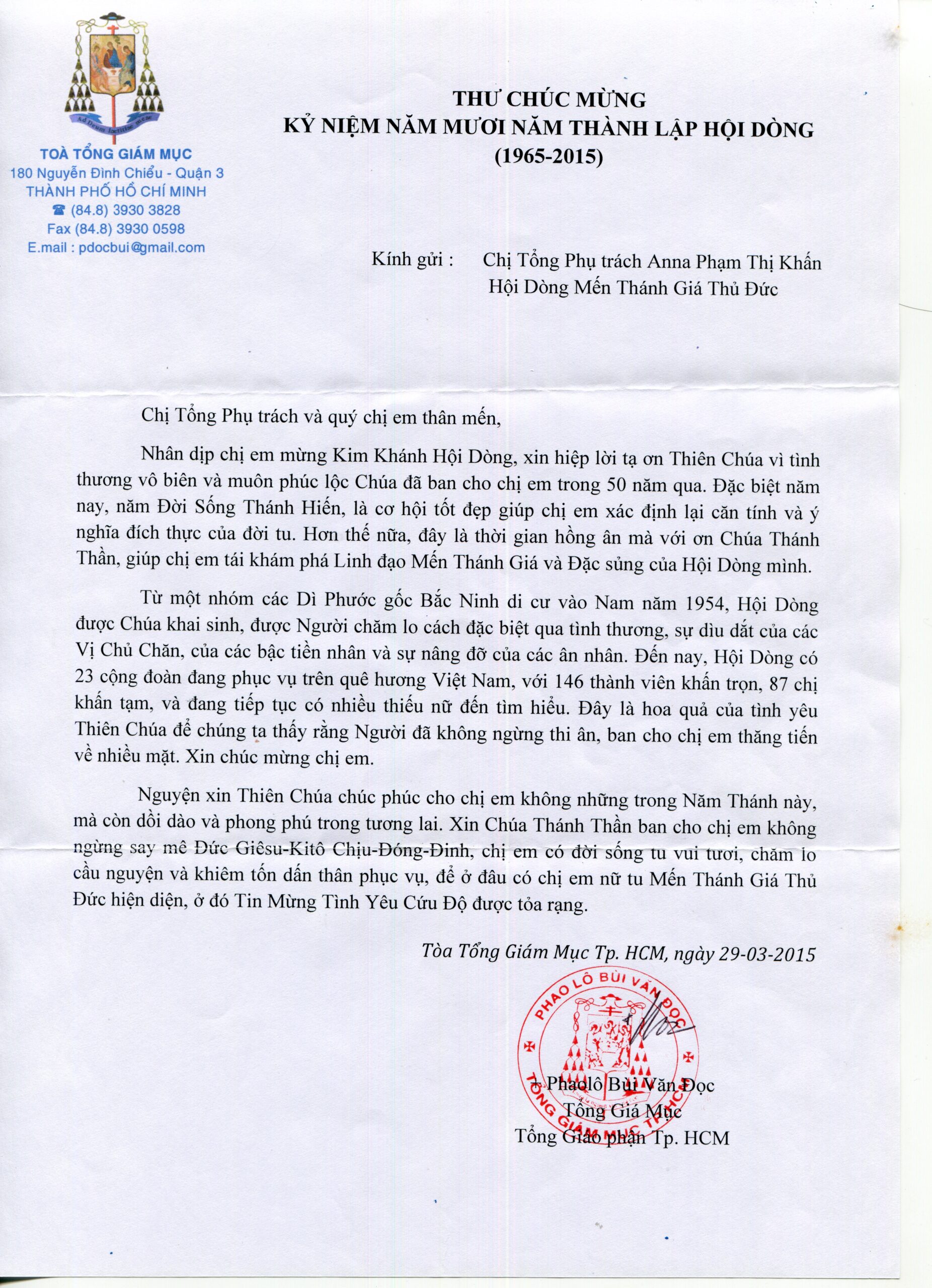Thư chúc mừng từ Đức Tổng Giám mục Giáo phận Sài Gòn
