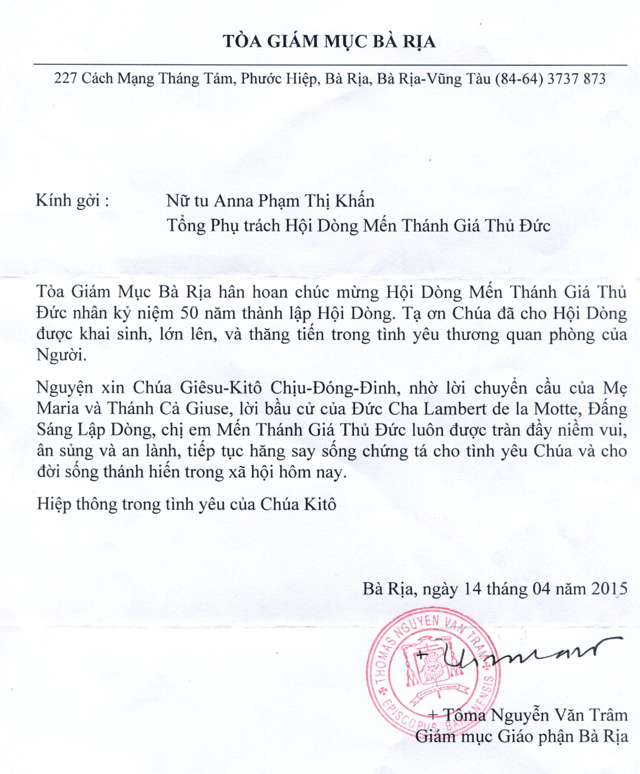Thư chúc mừng từ Đức Giám mục Giáo phận Bà Rịa