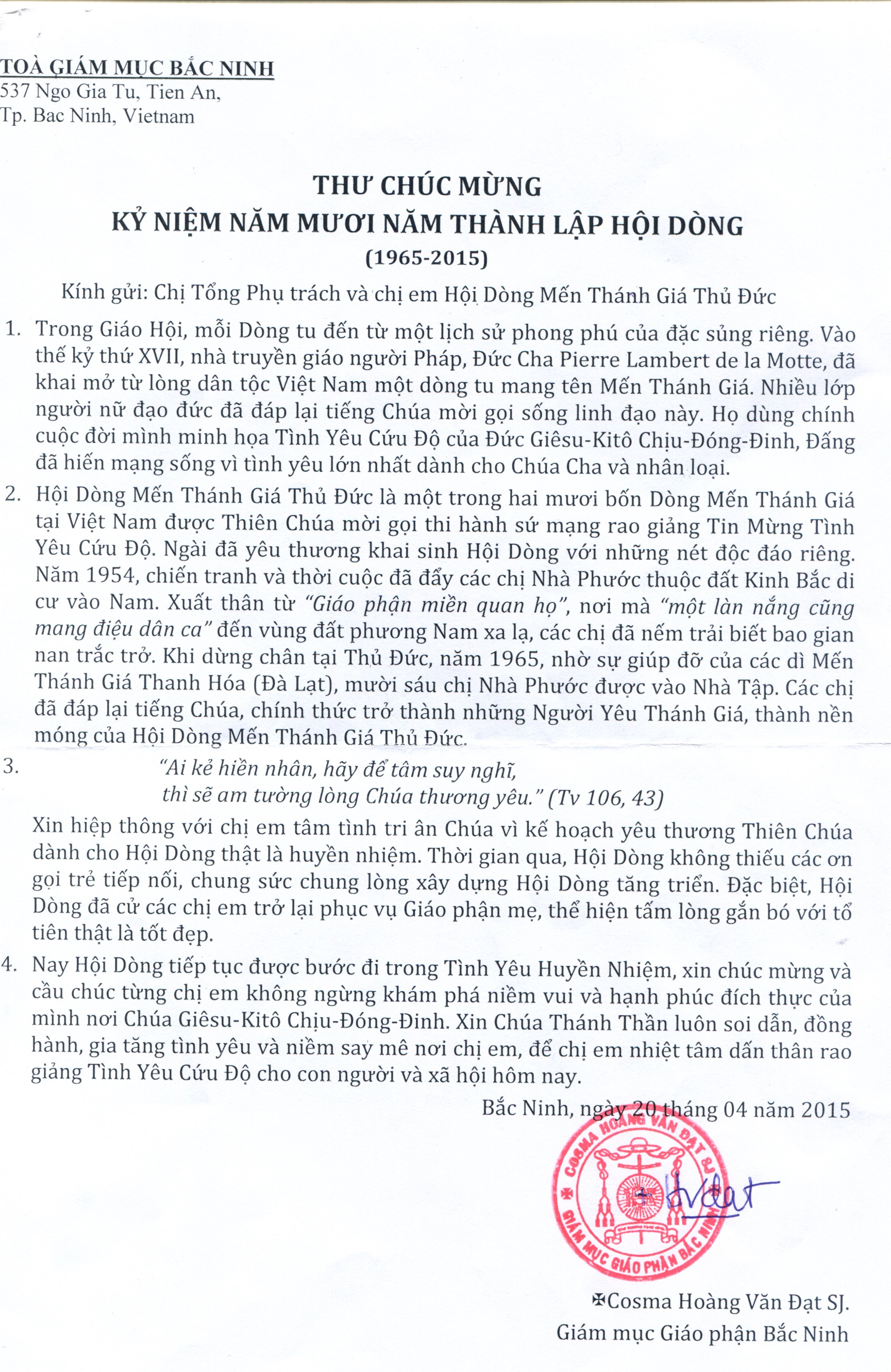 Thư chúc mừng từ Đức Giám mục Giáo phận Bắc Ninh