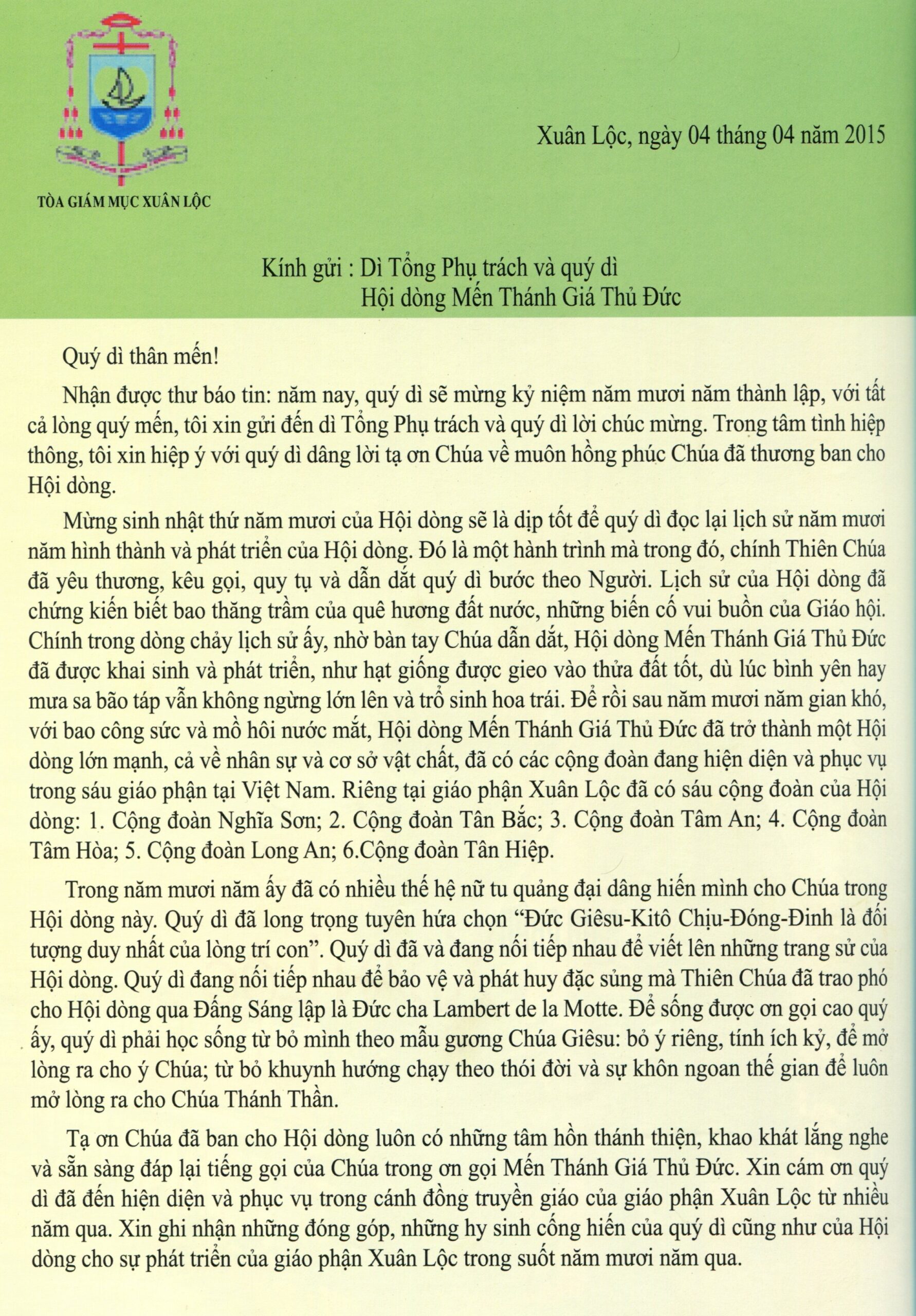Thư chúc mừng từ Đức Giám mục Giáo phận Xuân Lộc