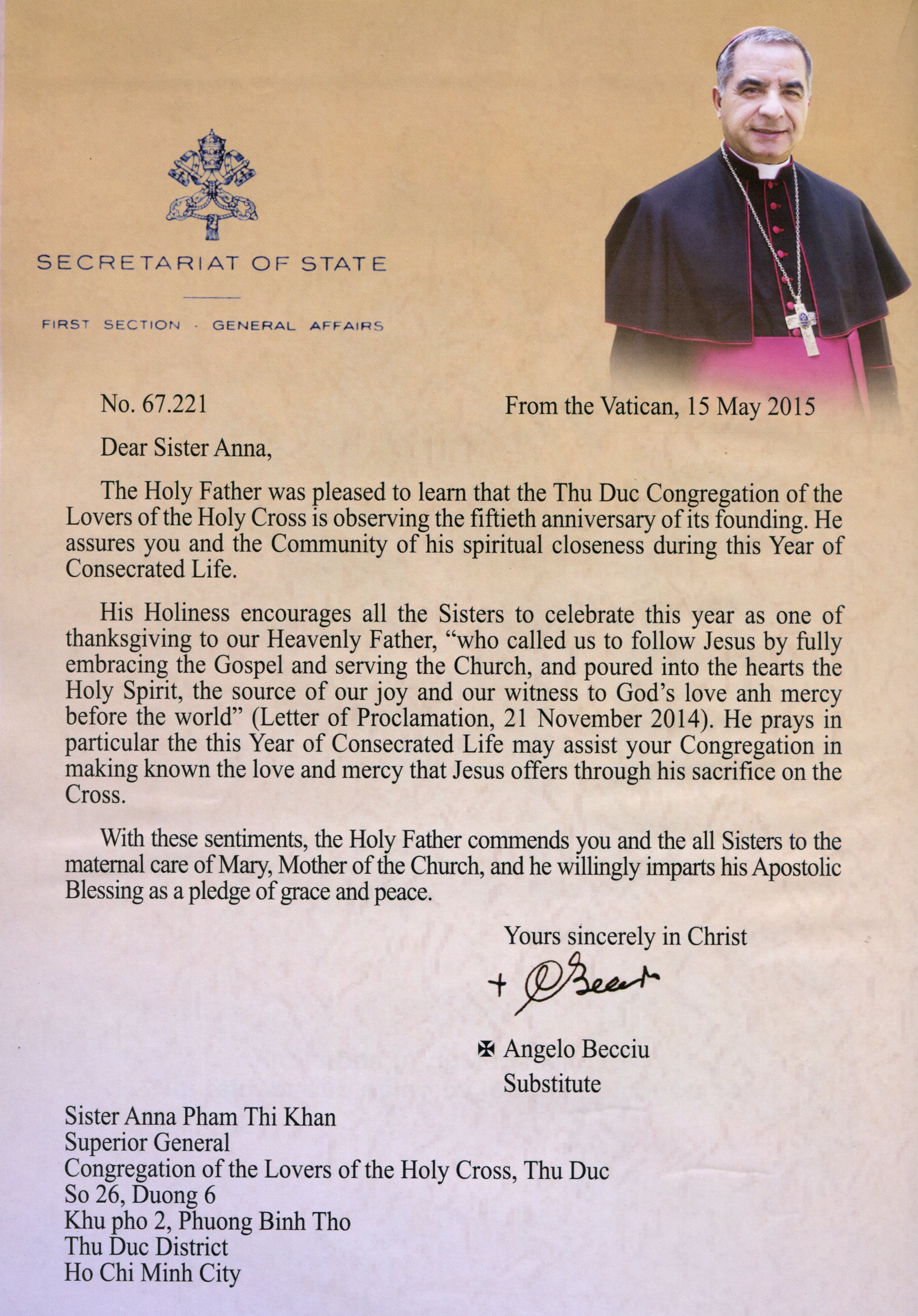 Thư chúc mừng của Tòa Thánh