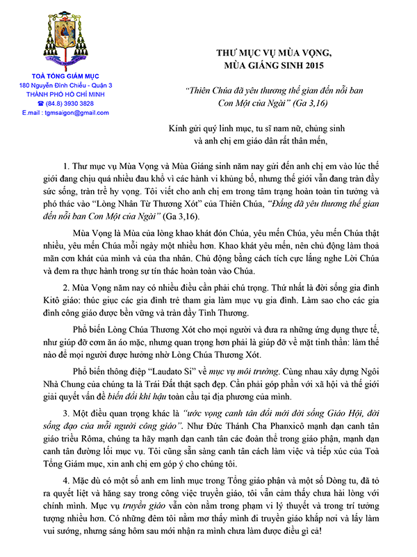 Tgp. Sài Gòn: Thư Mục vụ Mùa Vọng – Mùa Giáng Sinh 2015